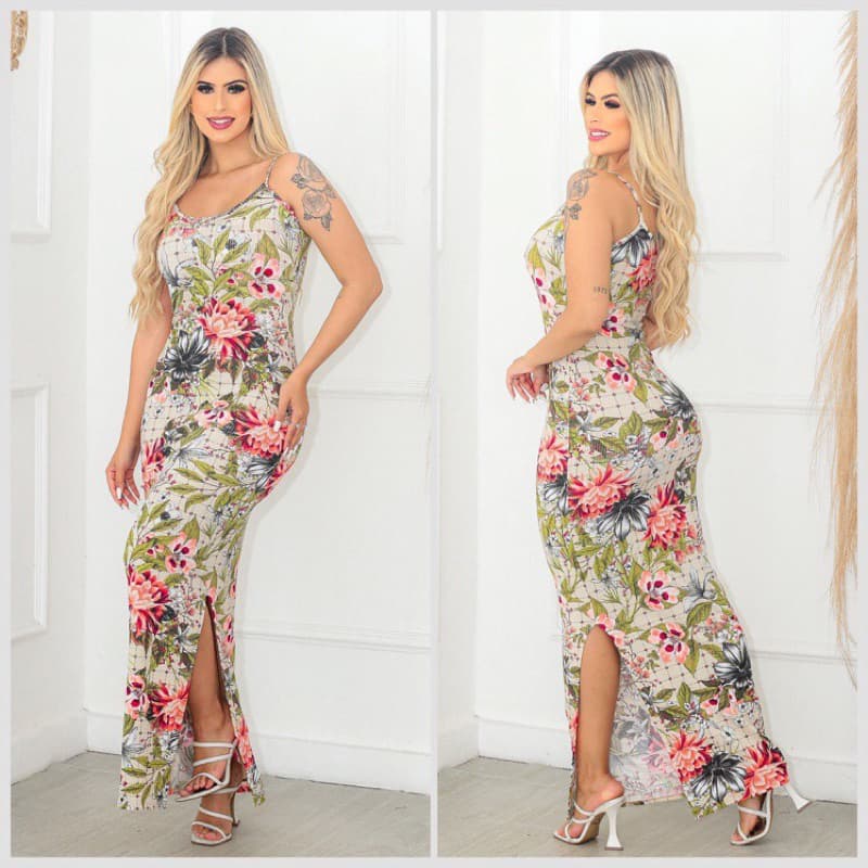 Vestido longo com fenda alcinha justo no corpo Floral canelado