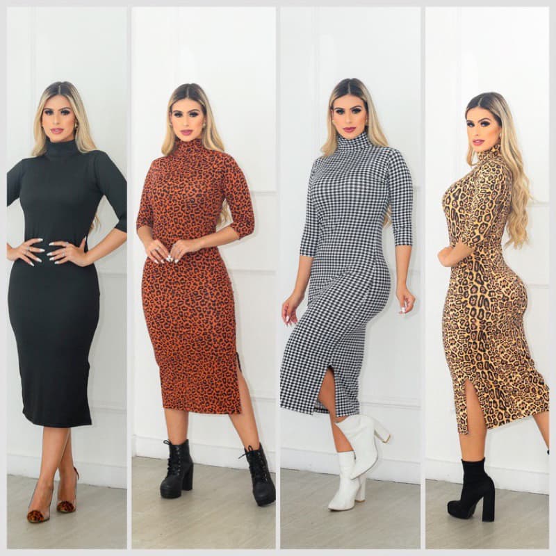 Vestido canelado mídi 3/4 com fenda modelo justo gola alta moda evangélica Pied Pull oncinha xadrez