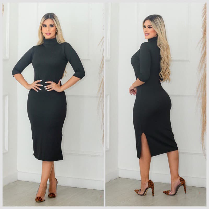 Vestido canelado mídi 3/4 com fenda modelo justo Preto gola alta moda evangélica