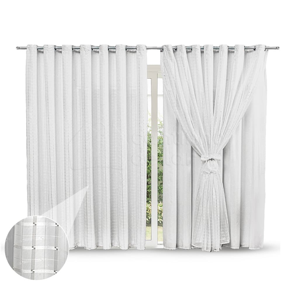 Cortina de Voil Xadrez com Forro Microfibra 6,00m x 2,70m - Branco