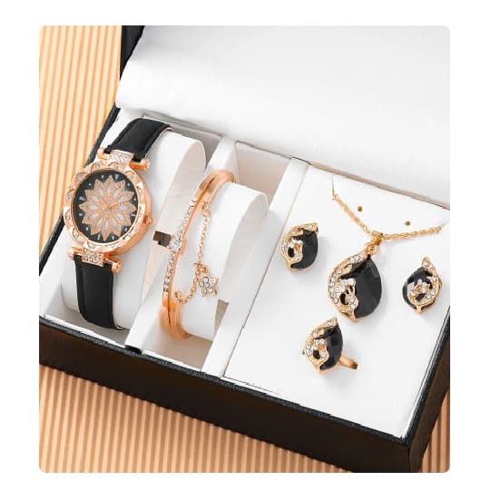 Kit Mulheres Relógio Quartzo Conjunto de Joias, 6 peças.