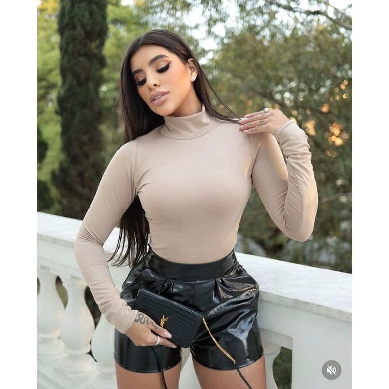 Cropped Feminino Manga Longa Gola Alta Gringa Blusa Nude Preta