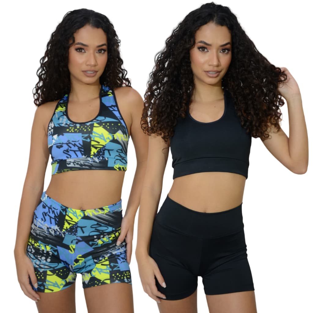 Kit 2 Conjuntos femininos academia top e short cintura alta moda fitness roupa de malhar