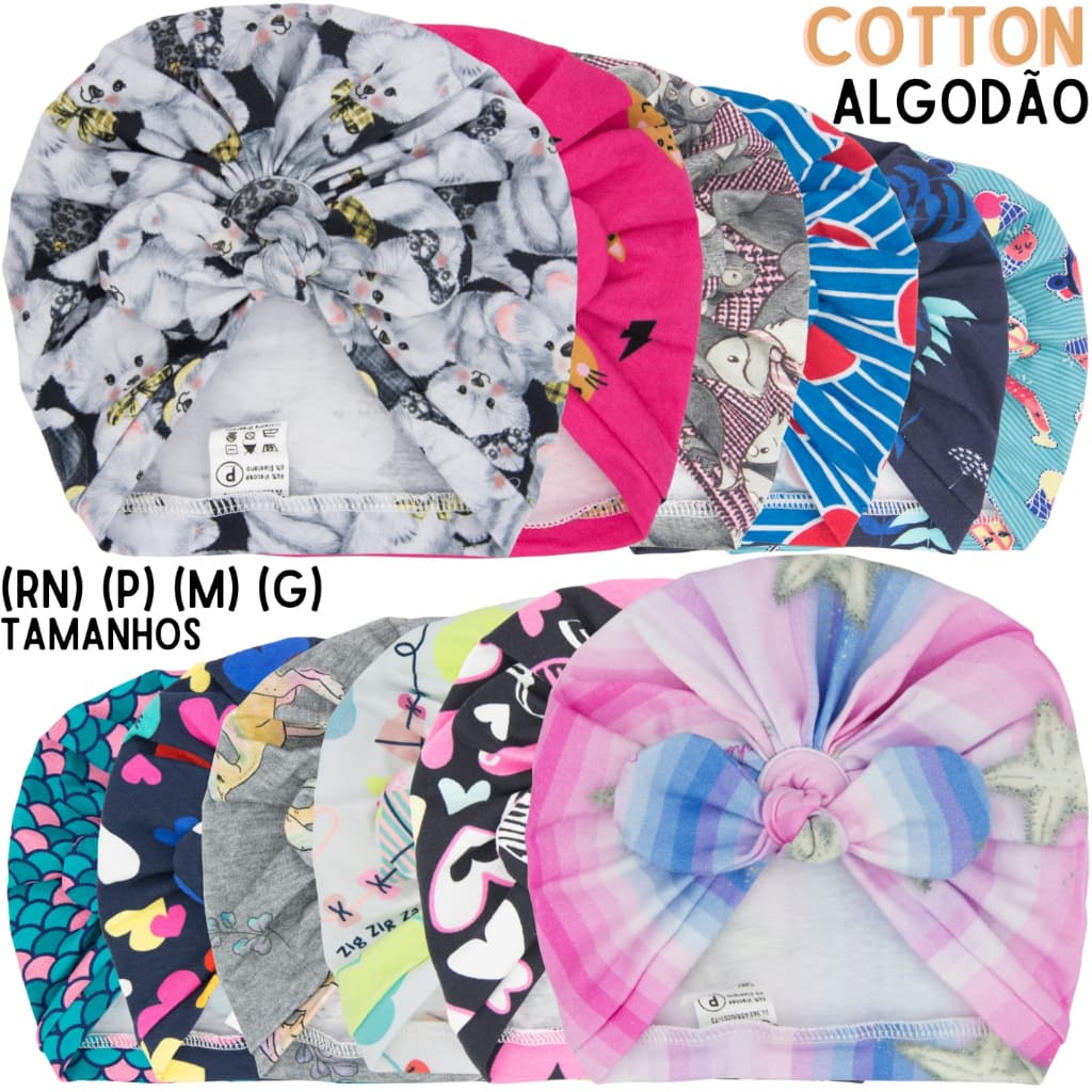 Touca Infantil Menina, Bebe, Turbante Infantil Cotton (Algodão com Elastano) Com Lacinho Removível