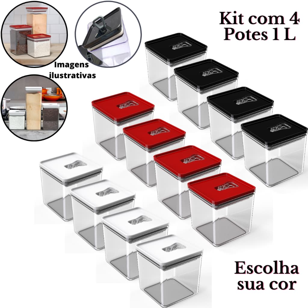 Kit Pote Mantimento Hermético 4 Pçs 1L Organizador Cozinha Acrílico Quadrado Vasilha Mantimento