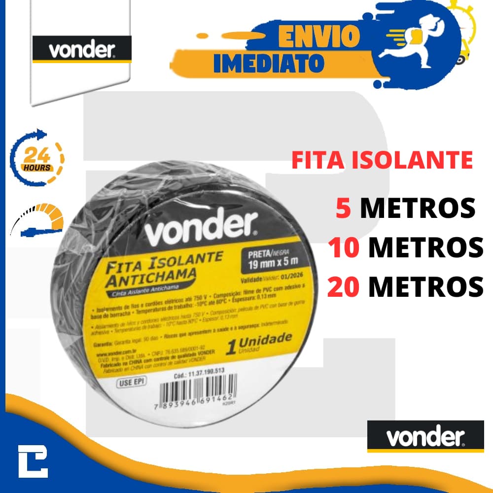 Fita Isolante Antichama Vonder 5m  - 10m - 20m Preta