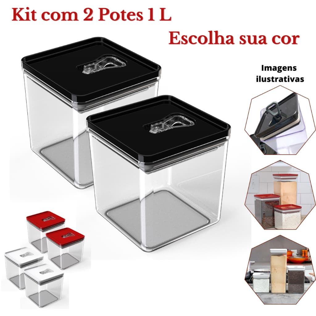 Kit com 2 Potes de 1L Mantimento Hermético Organizador Cozinha Acrílico Tampa Trava Quadrado Vasilha