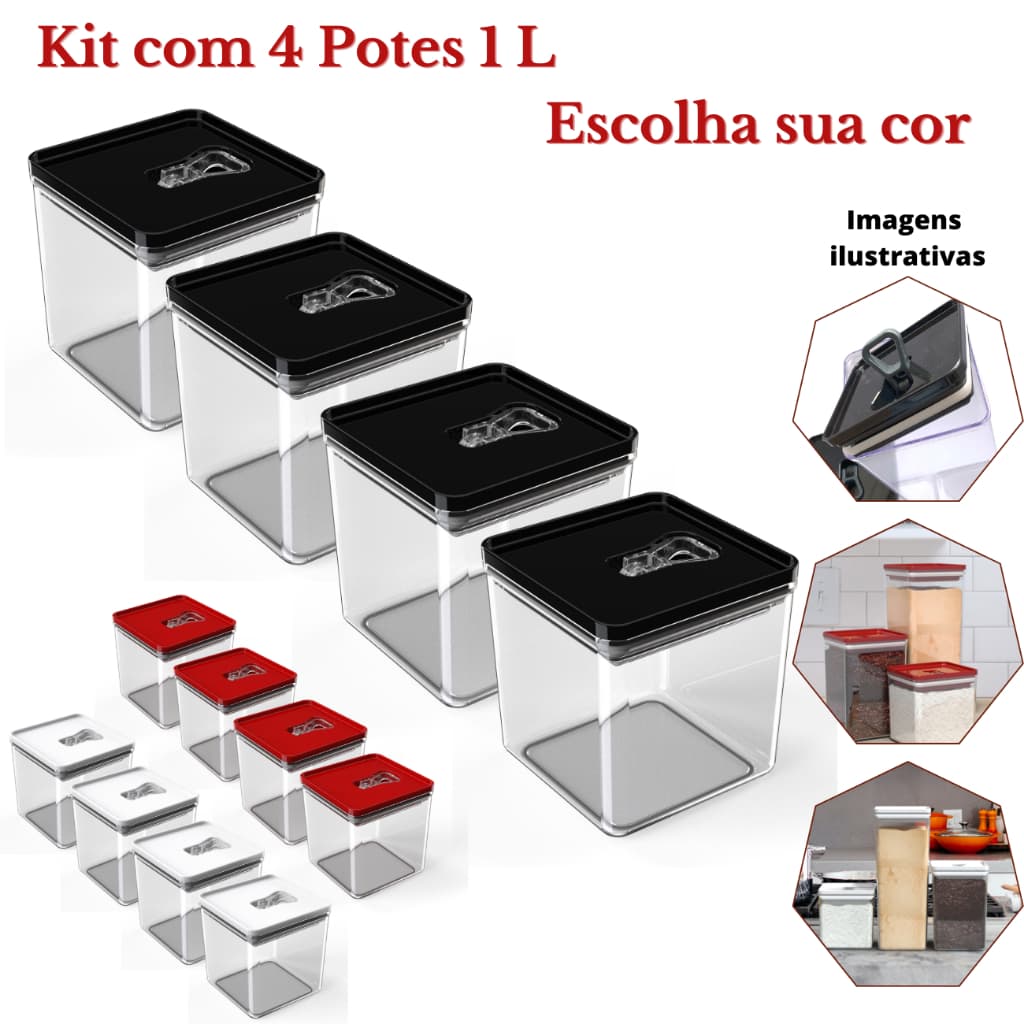 Kit com 4 Potes de 1L Mantimento Hermético Organizador Cozinha Acrílico Tampa Trava Quadrado Vasilha