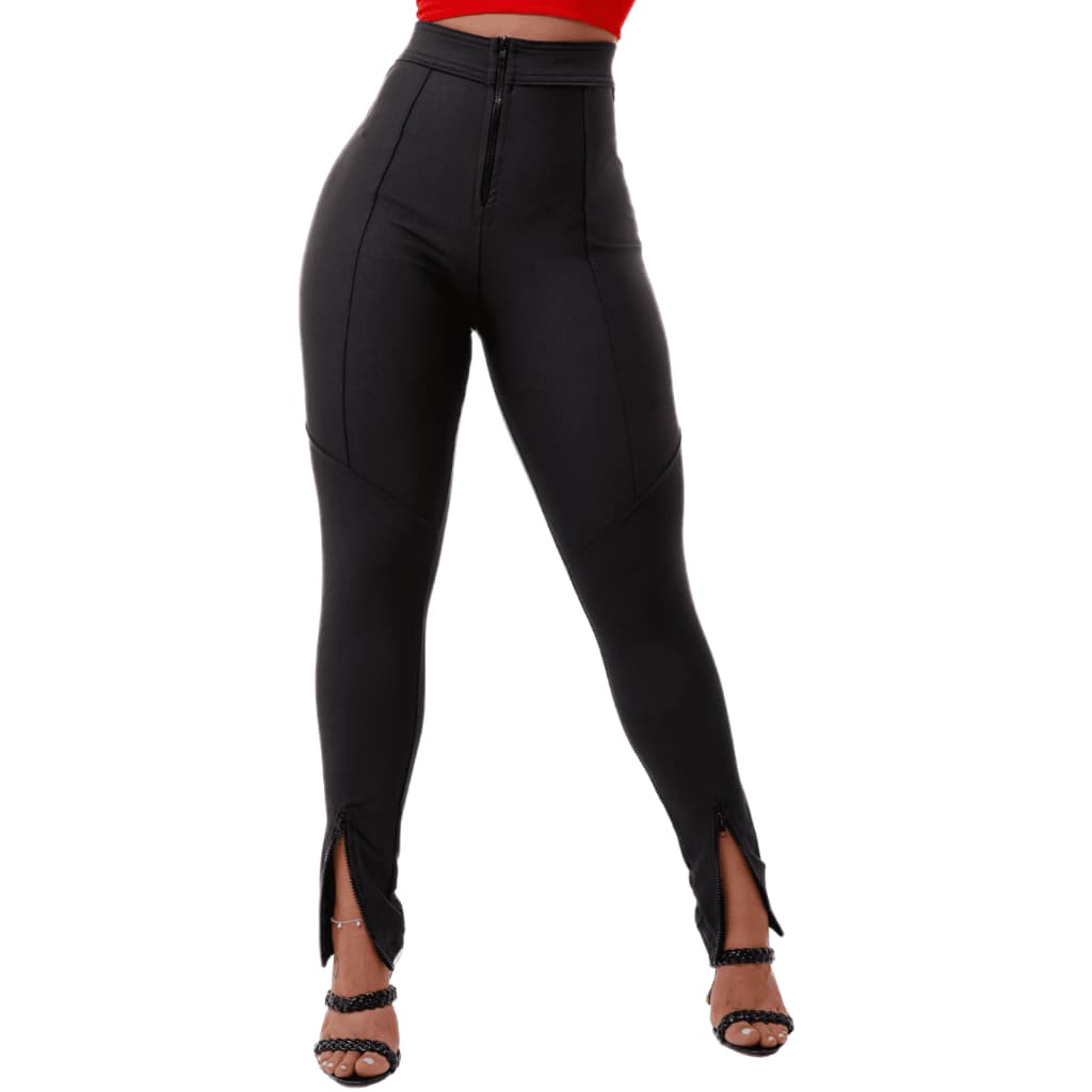 Calça Feminina Legging Preta 3 Zíper Cintura Alta Levanta Bumbum Sem Transparência