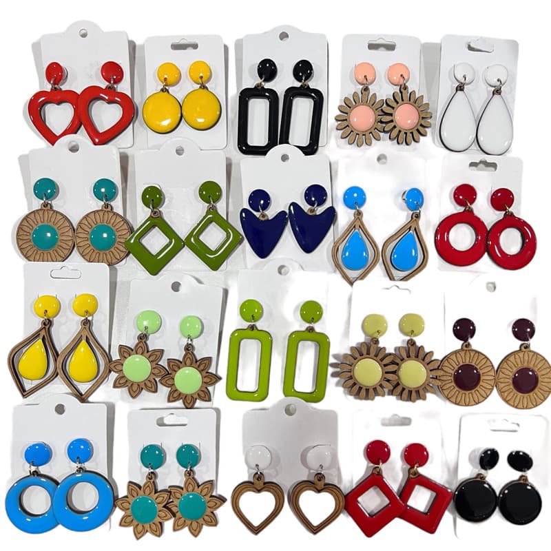 4 pares de brincos madeira mdf médio com resina feminino coloridos moda tendencia sortidos