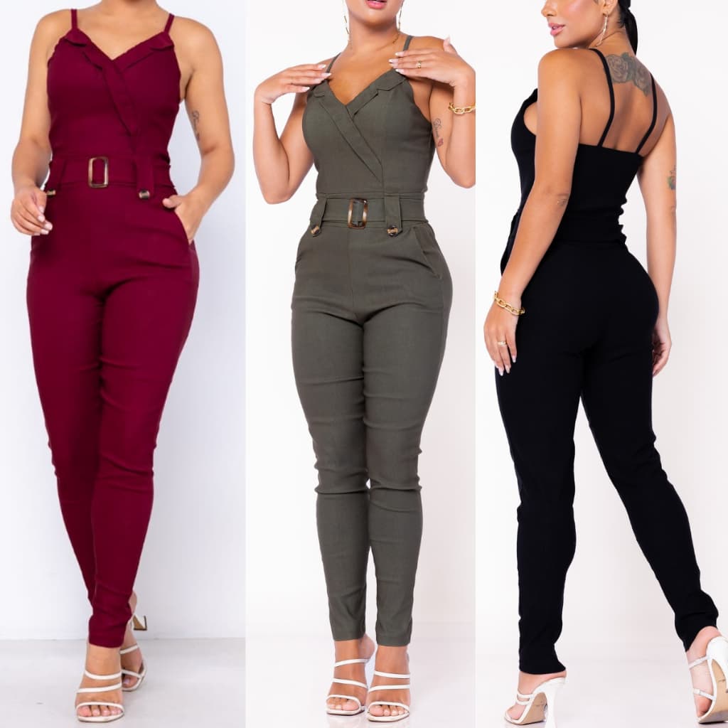 Macacão Feminino Social com Cinto e Bolsos Slim Alcinha possui Bojo Ziper Jardineira