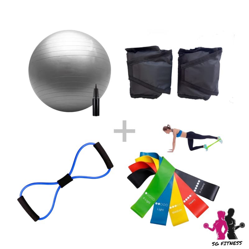 Kit Funcional Bola De Pilates Yoga + Par Caneleira 1 Kg + Elástico Multifuncional + Kit Theraband 5 Tensões Mini Band