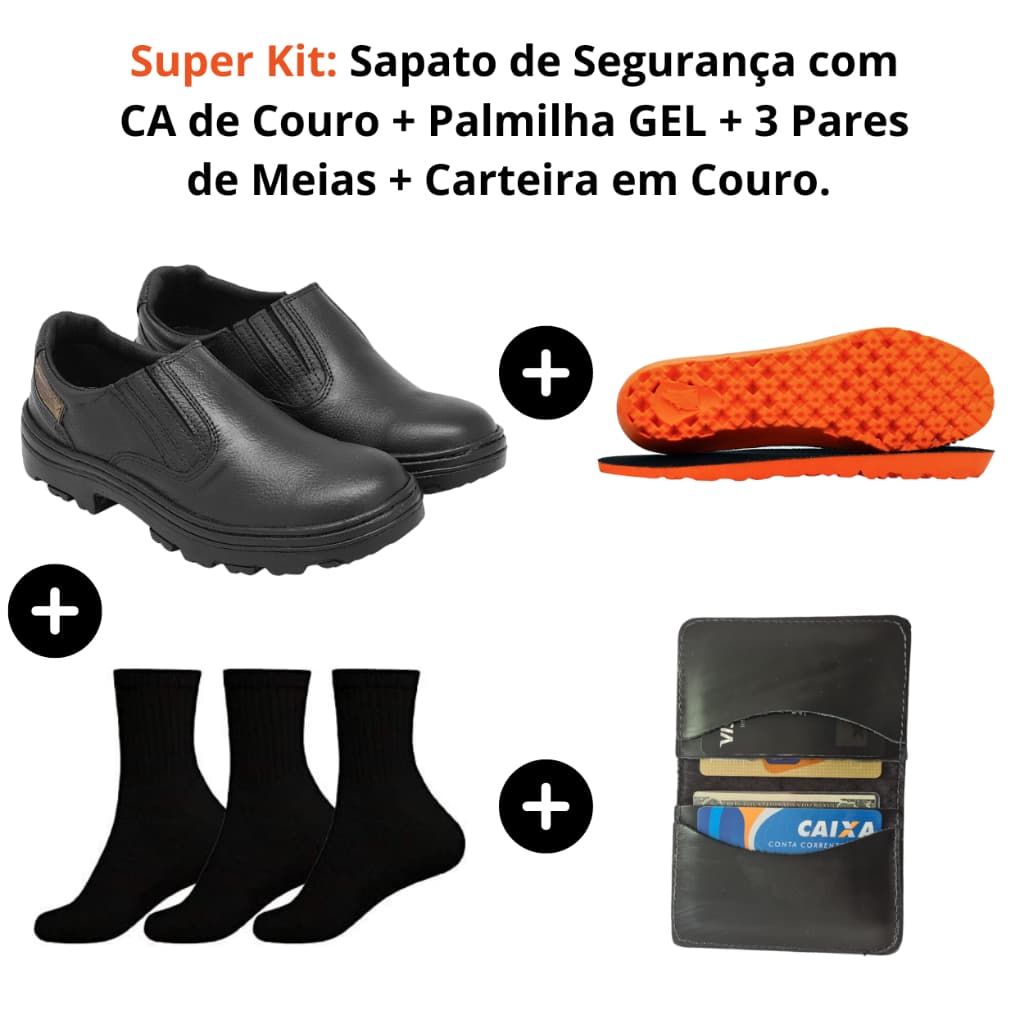 Sapato de Segurança de Couro + Kit 3 Pares de Meias + Palmilha Gel + Carteira de Couro CallShoes