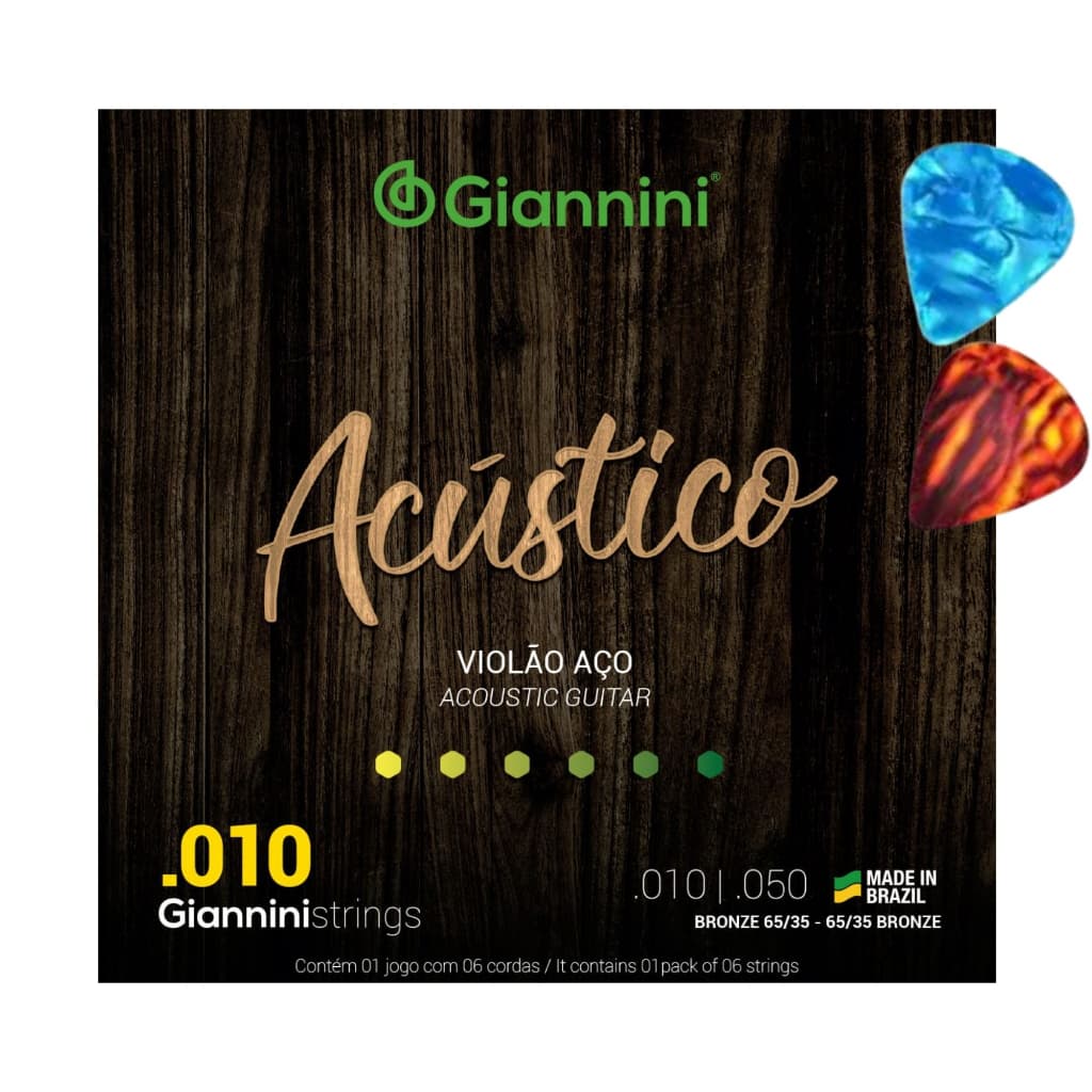 Encordoamento Violão Aço Cordas Giannini .010 Acústico GESWAM + 2 Palhetas