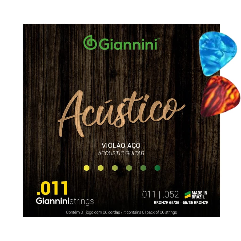 Encordoamento para Violão Aço Giannini Acústico Bronze 65/35 GESPW .011+ 2 Palhetas