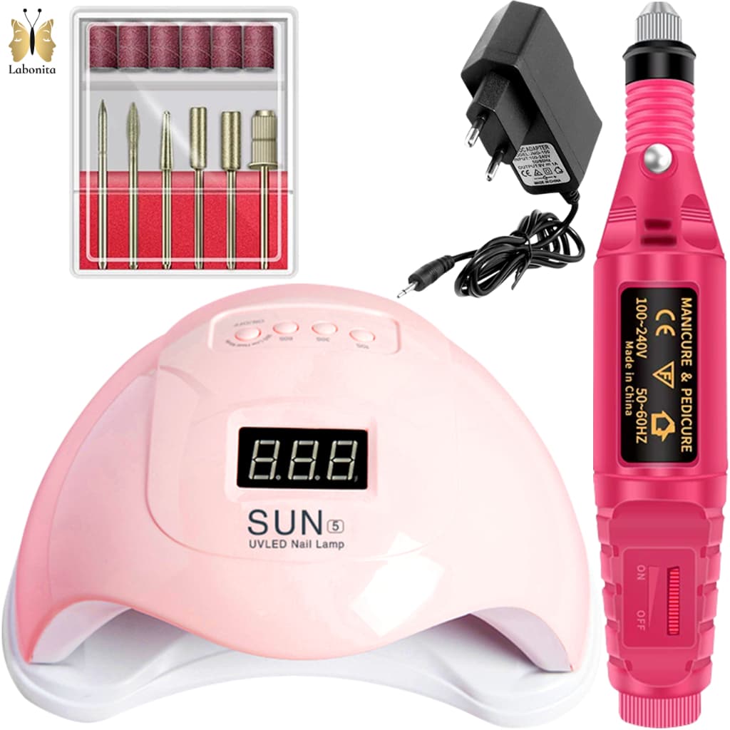 Kit Manicure Cabine Sun 5 LED UV 48w Motor Lixadeira Elétrica Caneta Unhas Gel Unha Pedicure
