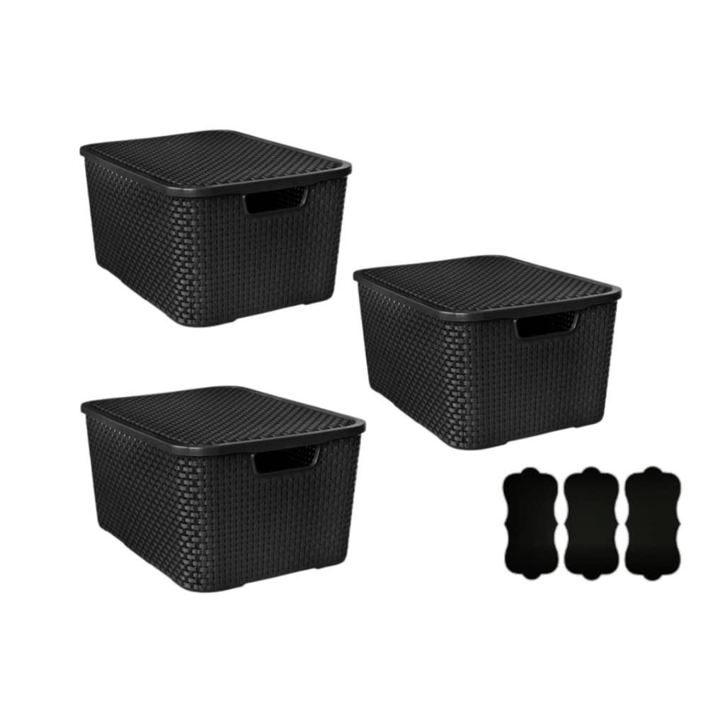 Kit 3 Caixas Organizadoras Rattan 15L preto C/ Tampa + 3 Etiquetas