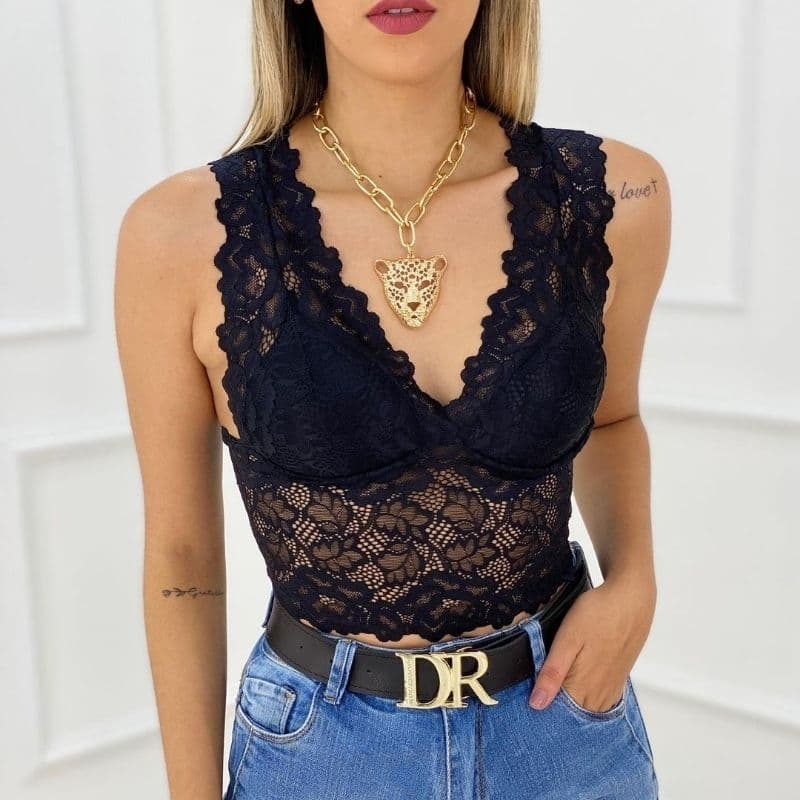 Cropped Feminino Top Renda com Bojo