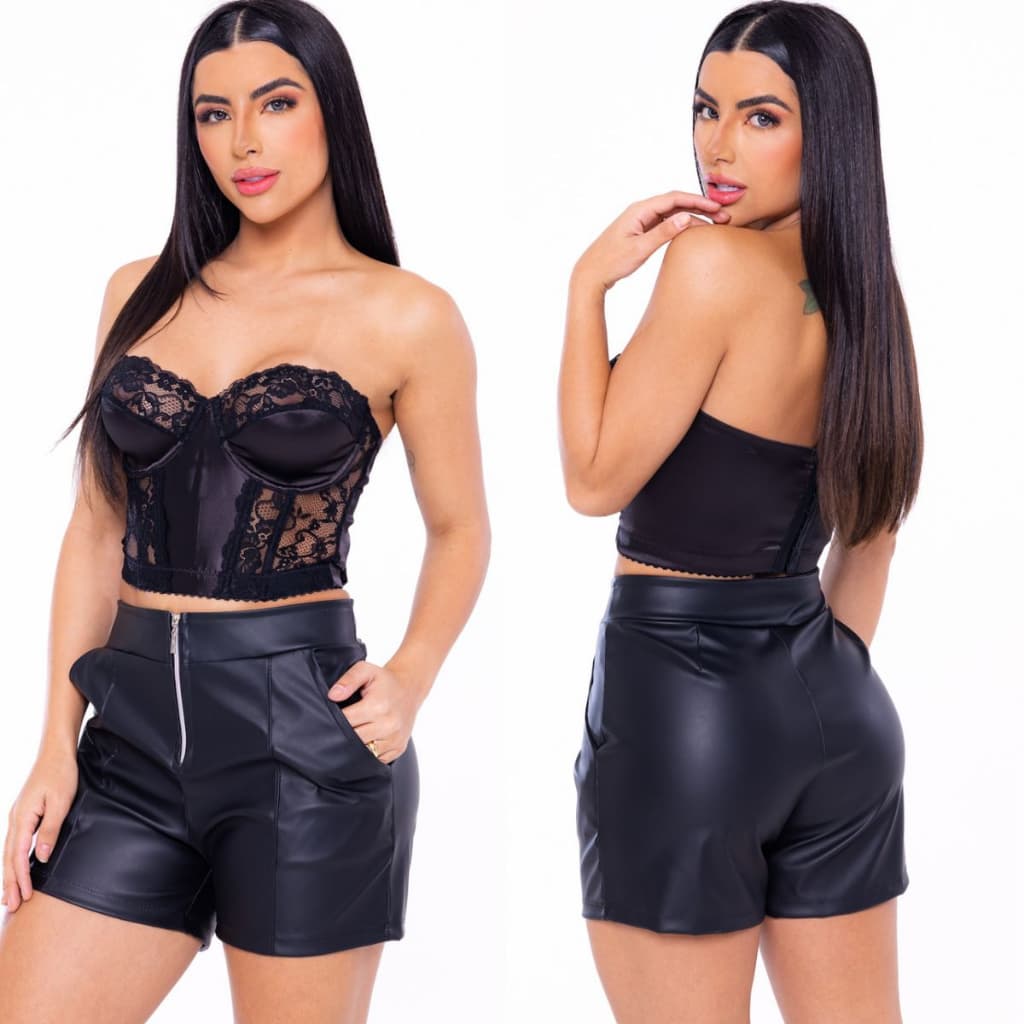Shorts Feminino em Couro Ecológico Cintura  com Zíper Frontal Moda Tendência Boiadeira 2026