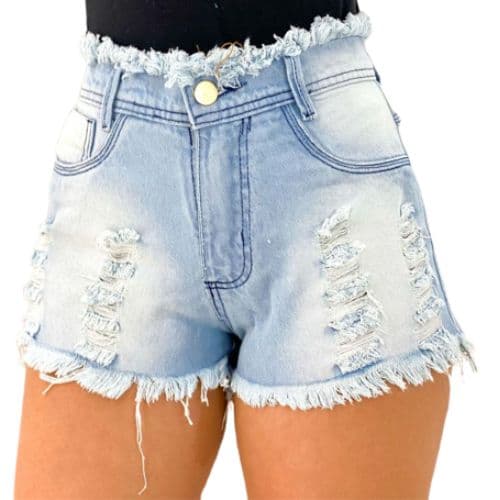 Shorts Jeans Feminino  Cintura Alta Short Jeans Cós Alto Short Feminino Rasgado