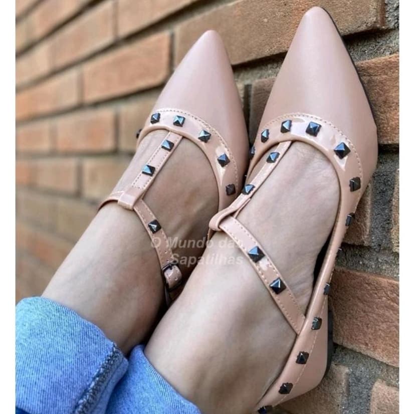 Sapatilha Feminina, Bico Fino, Confortável, Estilosa, Com Spike, Detalhes, Elegante, Sapatilha Nude