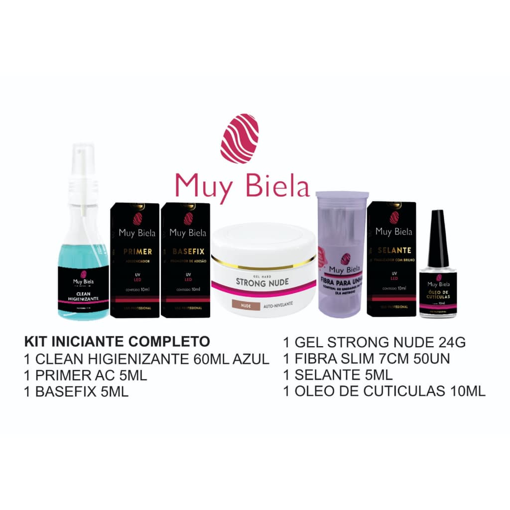 Kit Completo de Gel Para Unhas de Fibra Muy Biela Start Com 7 Ítens Para Iniciantes