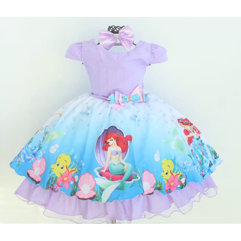 Vestido Infantil A Pequena Sereia Ariel Tema Festa Aniversario Com Tiara