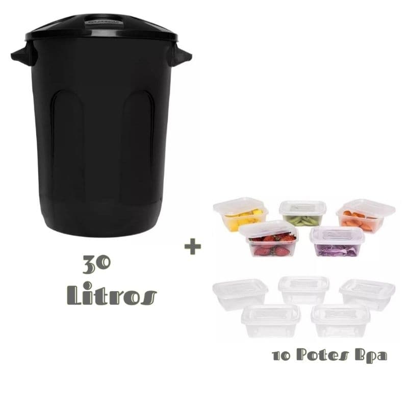Kit 1 Lixeira Preta Lixo Cozinha Grande + 10 Potes Bpa Com Tampa Freezer Alimentos