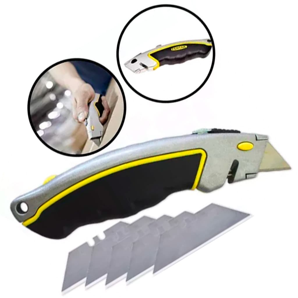 Estilete Em Metal Emborrachado Trapezoidal 18mm + Com Kit 5 Laminas Profissional Segurança Reforçado