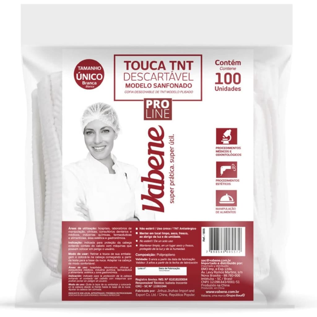 Touca Descartável TNT Sanfonada Com elástico ajustável  Branca Anvisa Pacote C/100Unidades