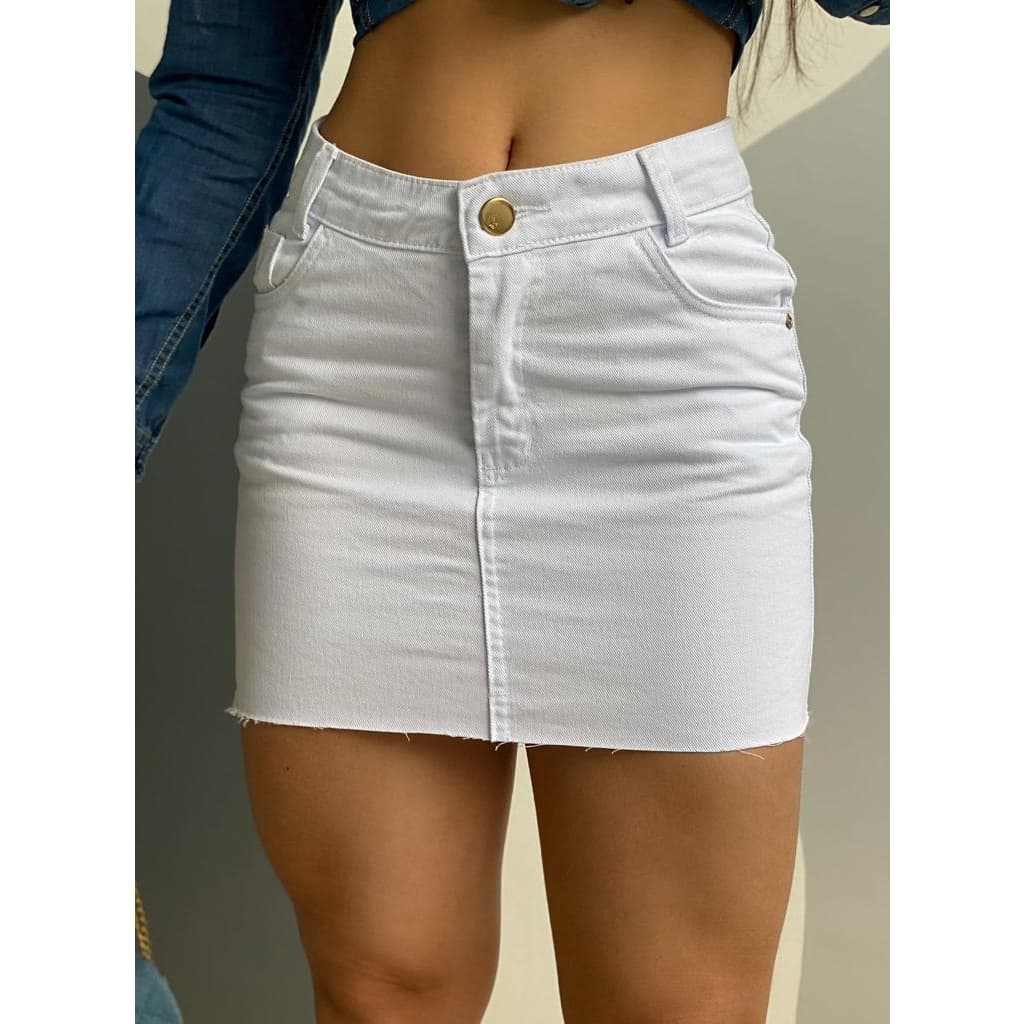 MINI SAIA JEANS CURTA BARRA DESFIADA CINTURA ALTA CORES