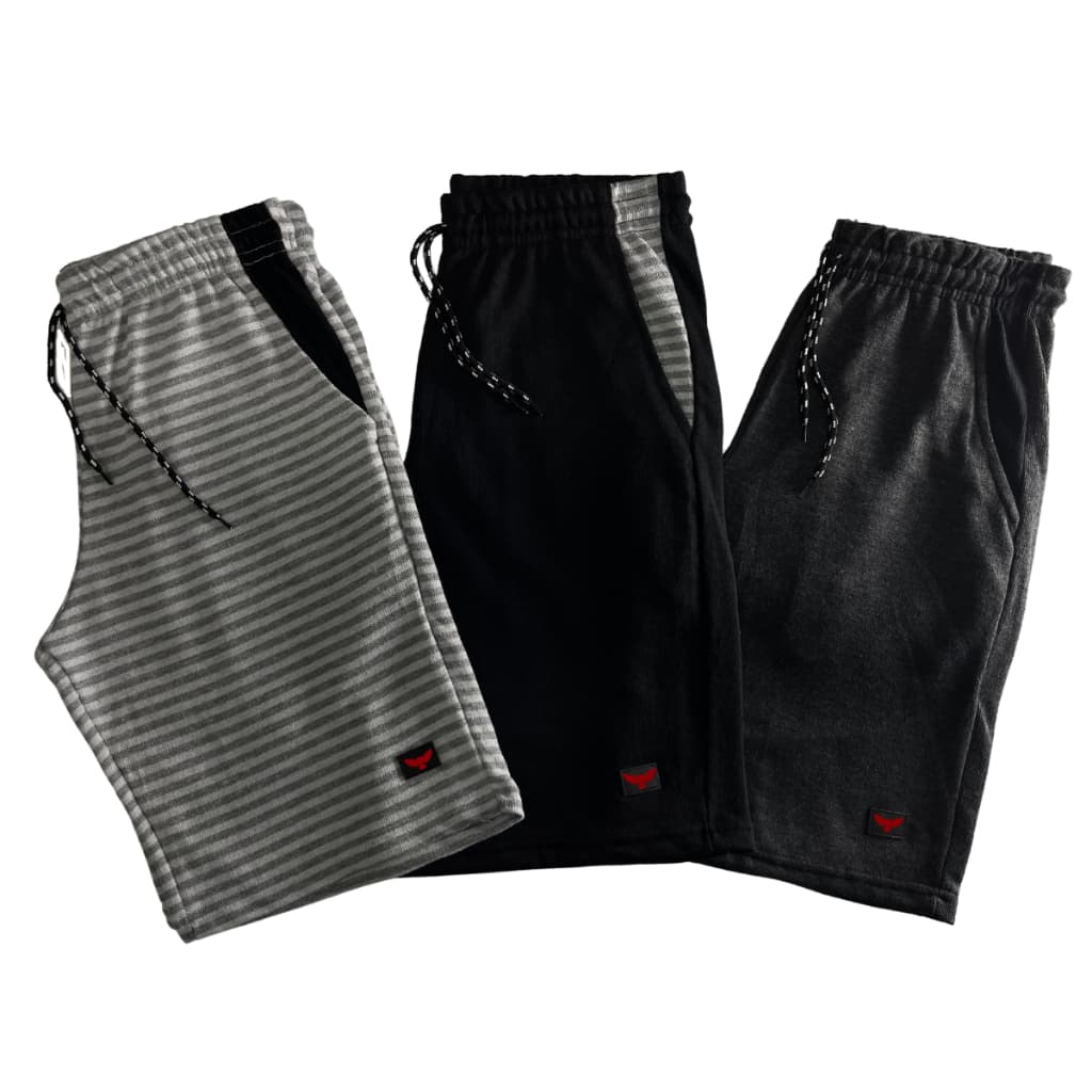 kit 3 Bermudas Moletom Academia Treino Masculinas Listrada 100% Algodão Cores Sortidas Bolso 2