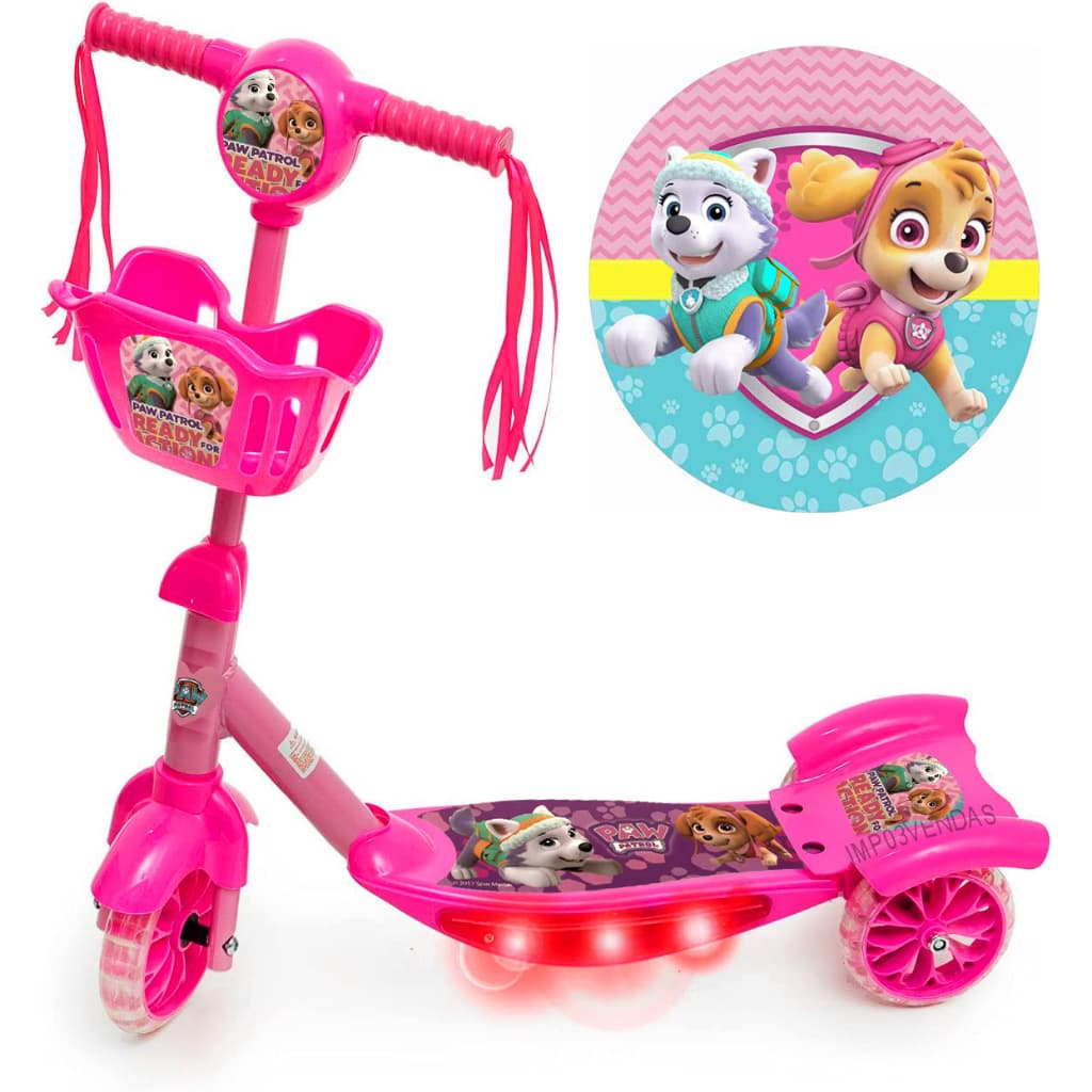 Patinete Musical 3 Rodas Infantil Cesta E Luzes Patrulha Canina Novidade Rosa