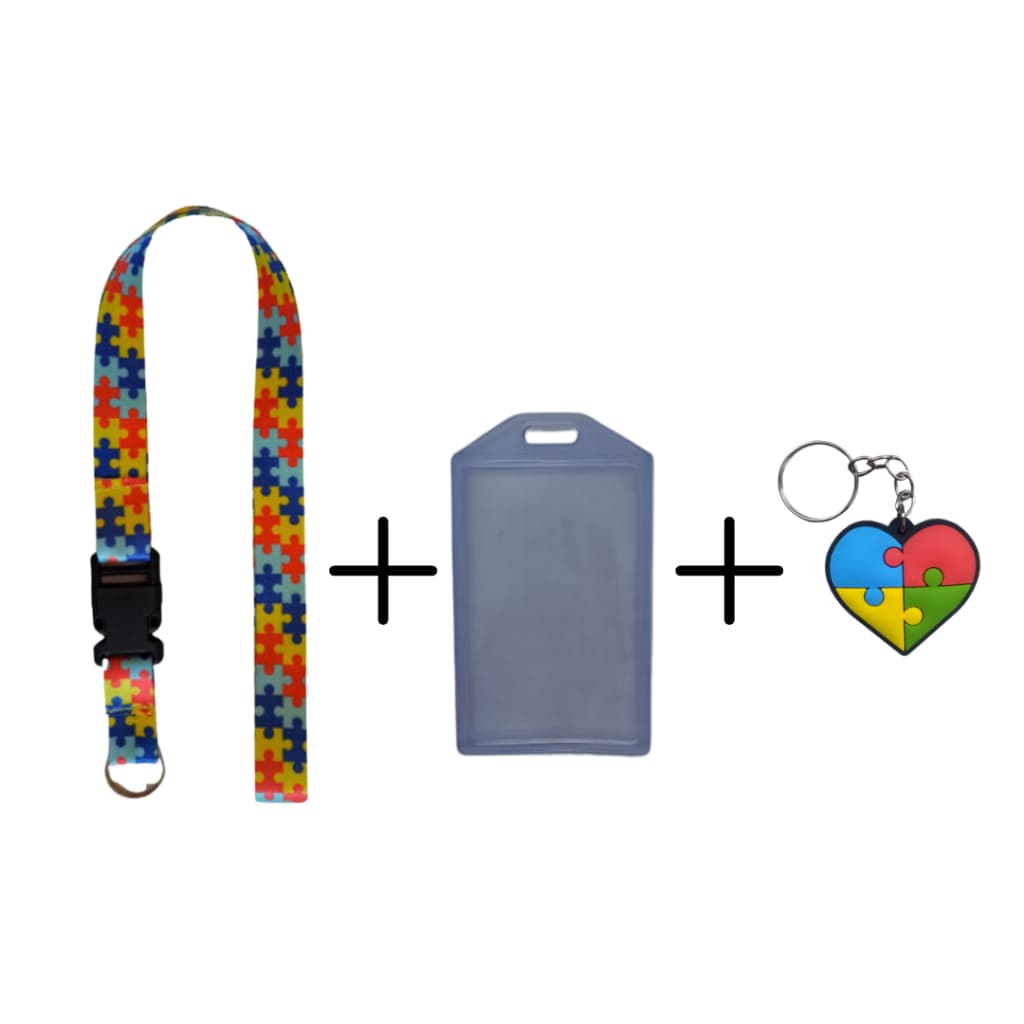 Kit Chaveiro Cordão Moto Pescoço Fecho Engate Rápido Crachá Quebra-Cabeça Vermelho + Porta Cartão Maleável + Chaveiro Emborrachado Coração