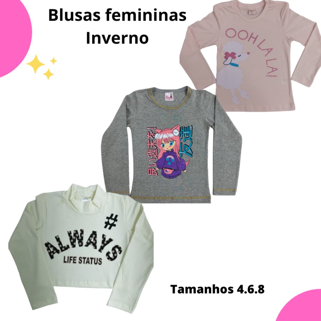 kit Blusas Menina Manga longa Inverno Cotton e Meia Malha 1 ao 14 Sortidas