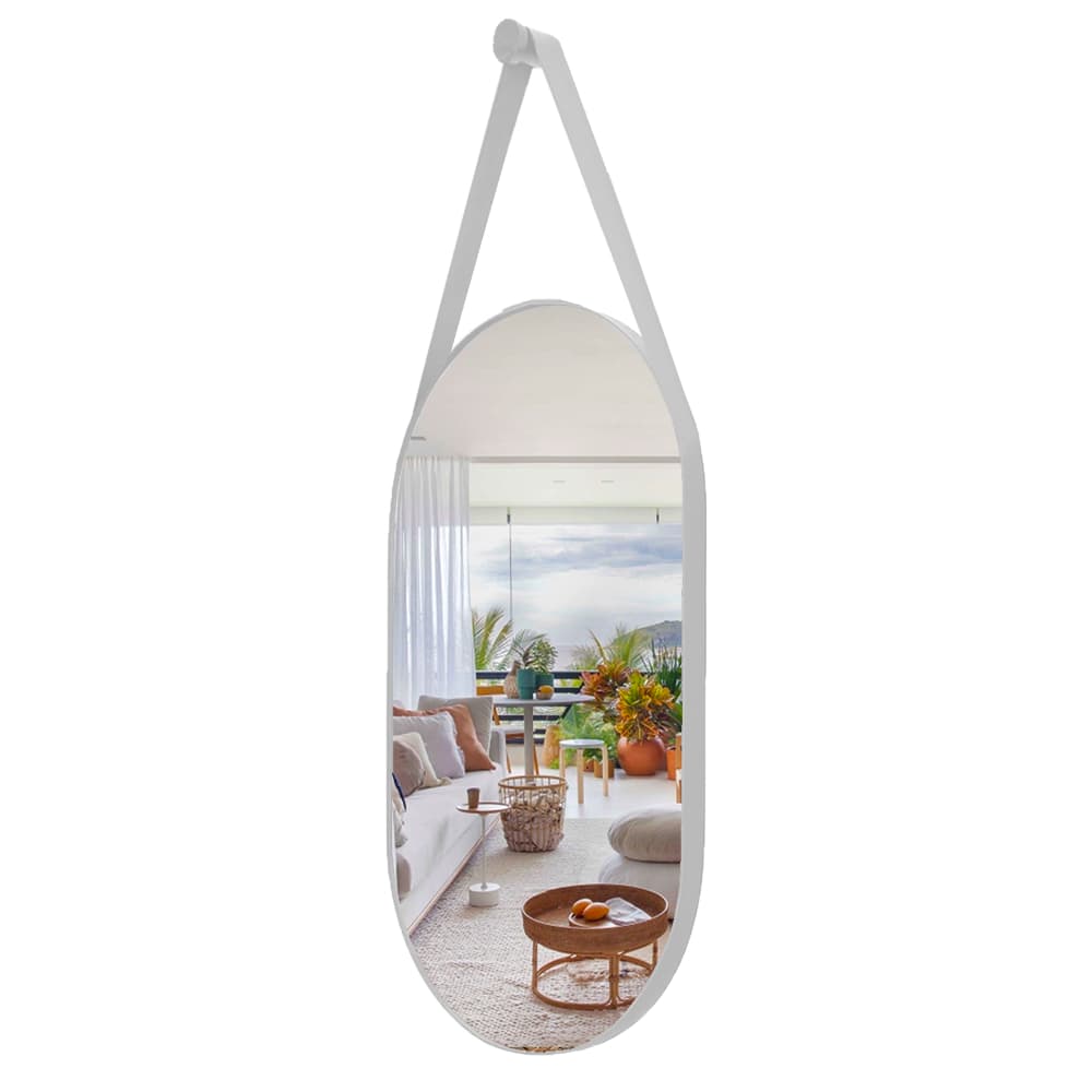 Espelho Oval Decorativo Com Alça Couro Moderno