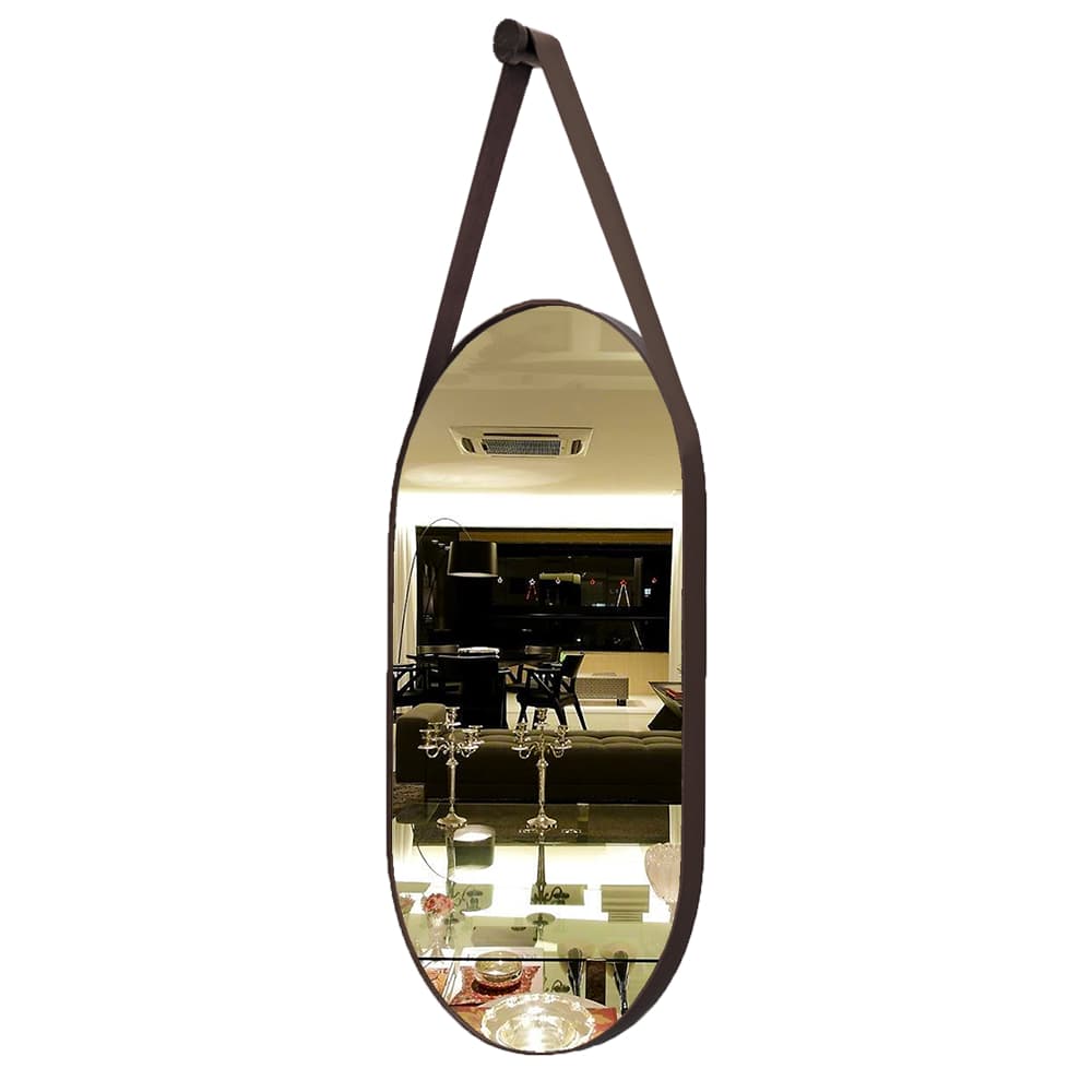 Espelho Oval Decorativo Moderno Quarto Com Alça Couro Ecológico