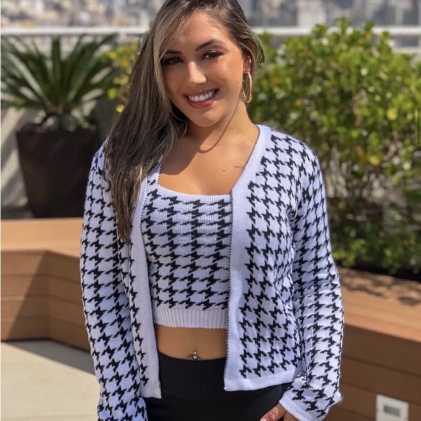 Conjunto feminino cardigan e cropped tricot estampa Pied Poule, casaco e top feminino tricô moda outono inverno