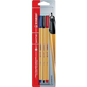 Caneta Stabilo Point 88 Kit c/3 Cores Azul Preta e Vermelha