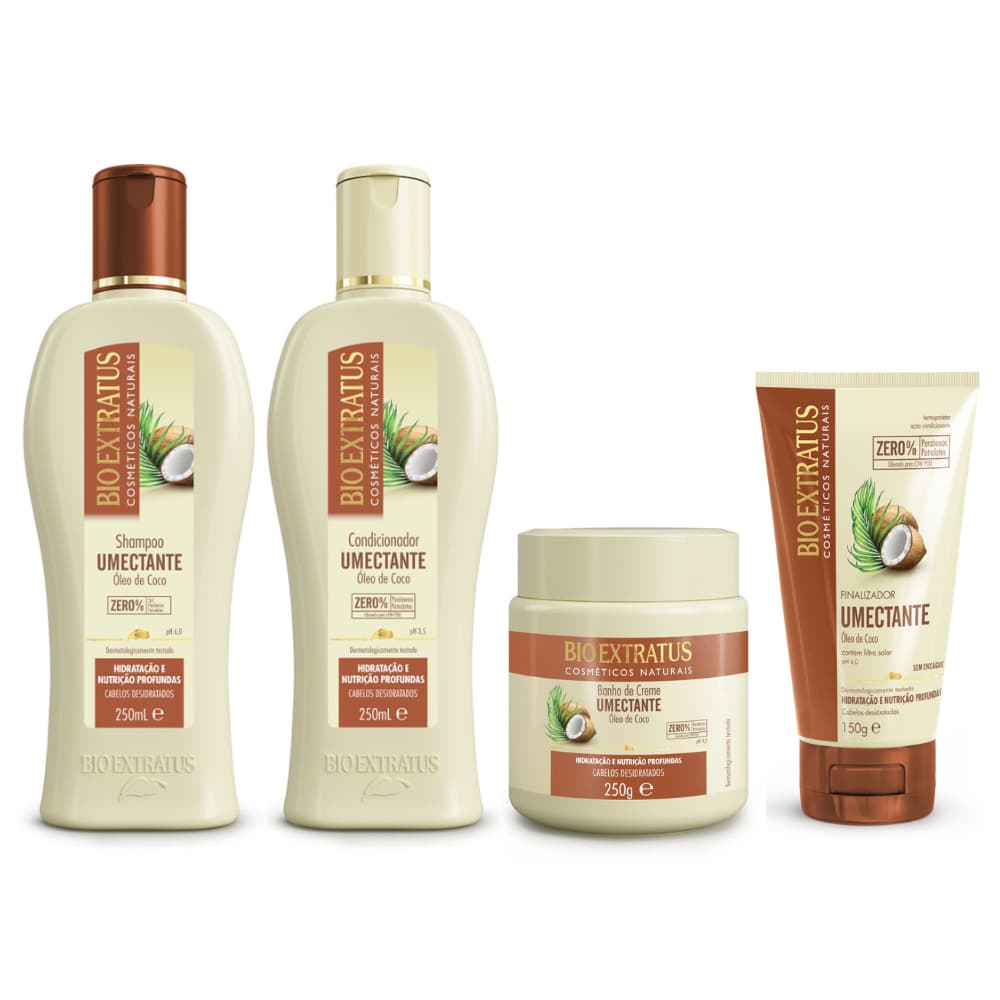 Kit Umectante Shampoo, Condicionador, Banho de Creme 250mL e Finalizador 150g Coco Bio Extratus