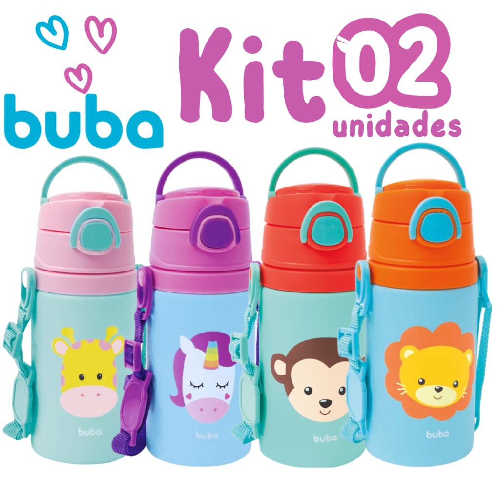 Kit Com 2 Garrafinha de Água Infantil Buba Garrafa 400ml de Aluminio Com Canudo de Silicone