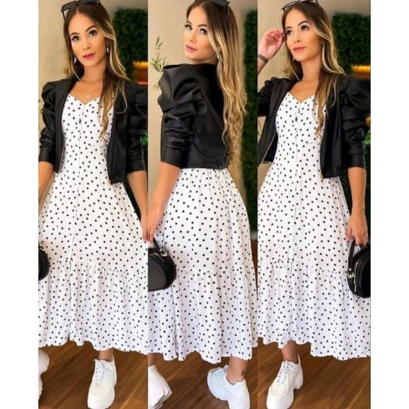 Vestido Femenino  Longo  Soltinho  Viscose Poa Bolinhas  Alcinha