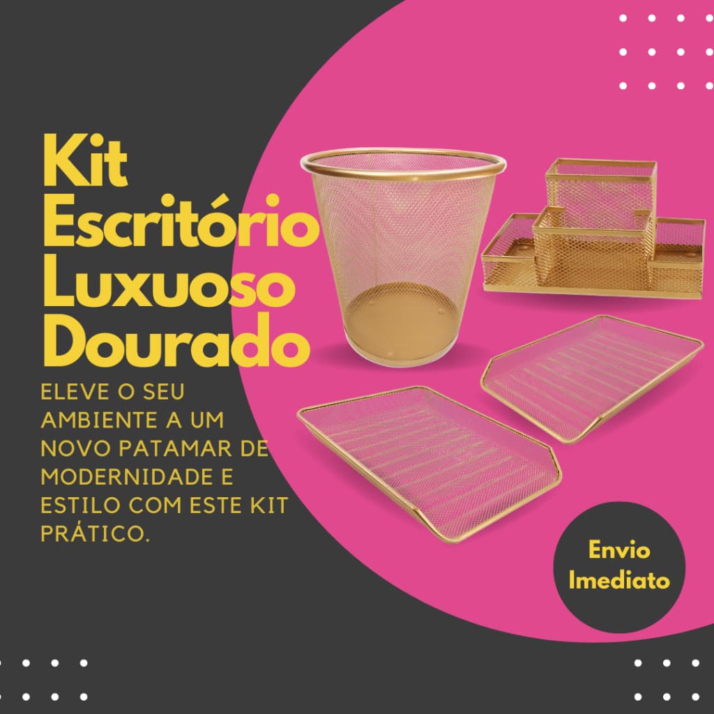 Kit Escritório Lixeira Organizador de Mesa Bandeja Organizadora Dourado Ouro