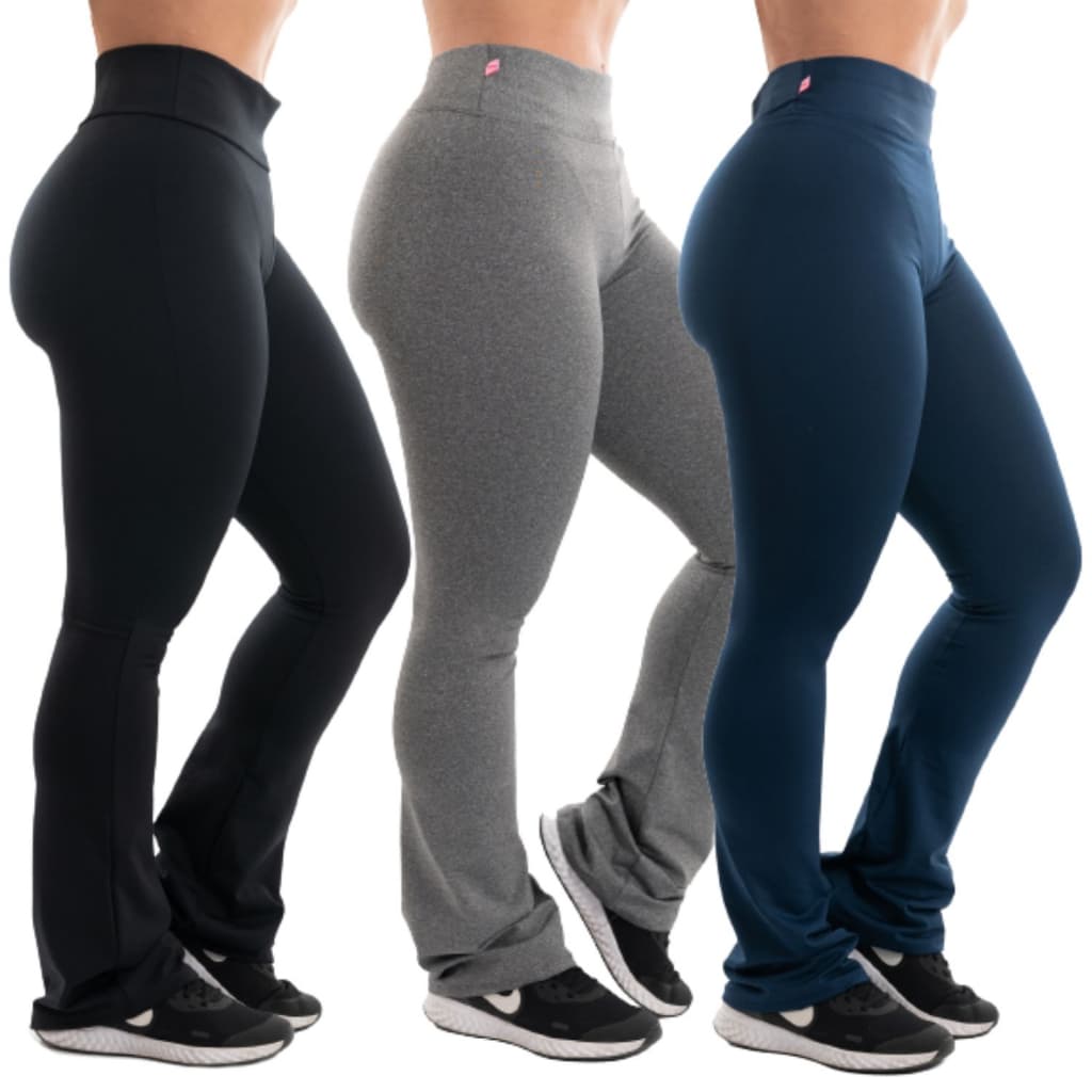 Kit 3 Calças Legging Flare Feminina Bailarina Suplex Boca de Sino Cintura Alta