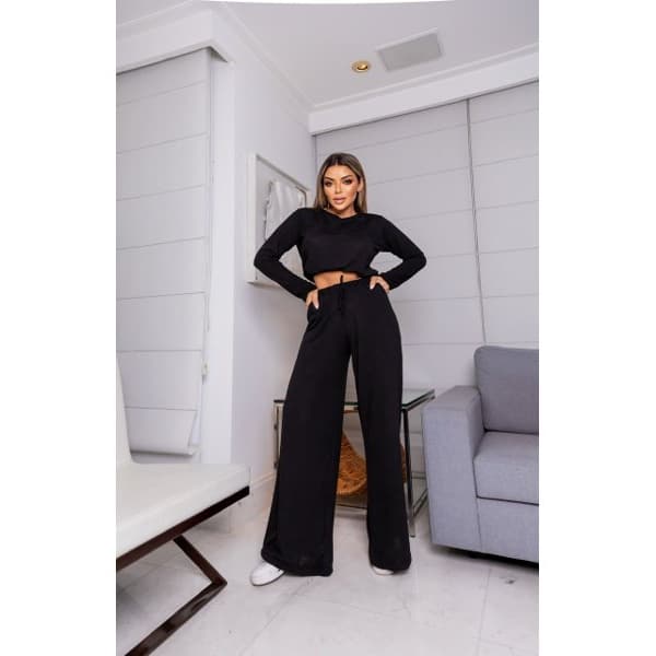 Calça Feminina Pantalona Wide Leg Lanzinha Lã moletinho Cintura Alta Moda Inverno Frio Moda Blogueira Gringa com Bolso