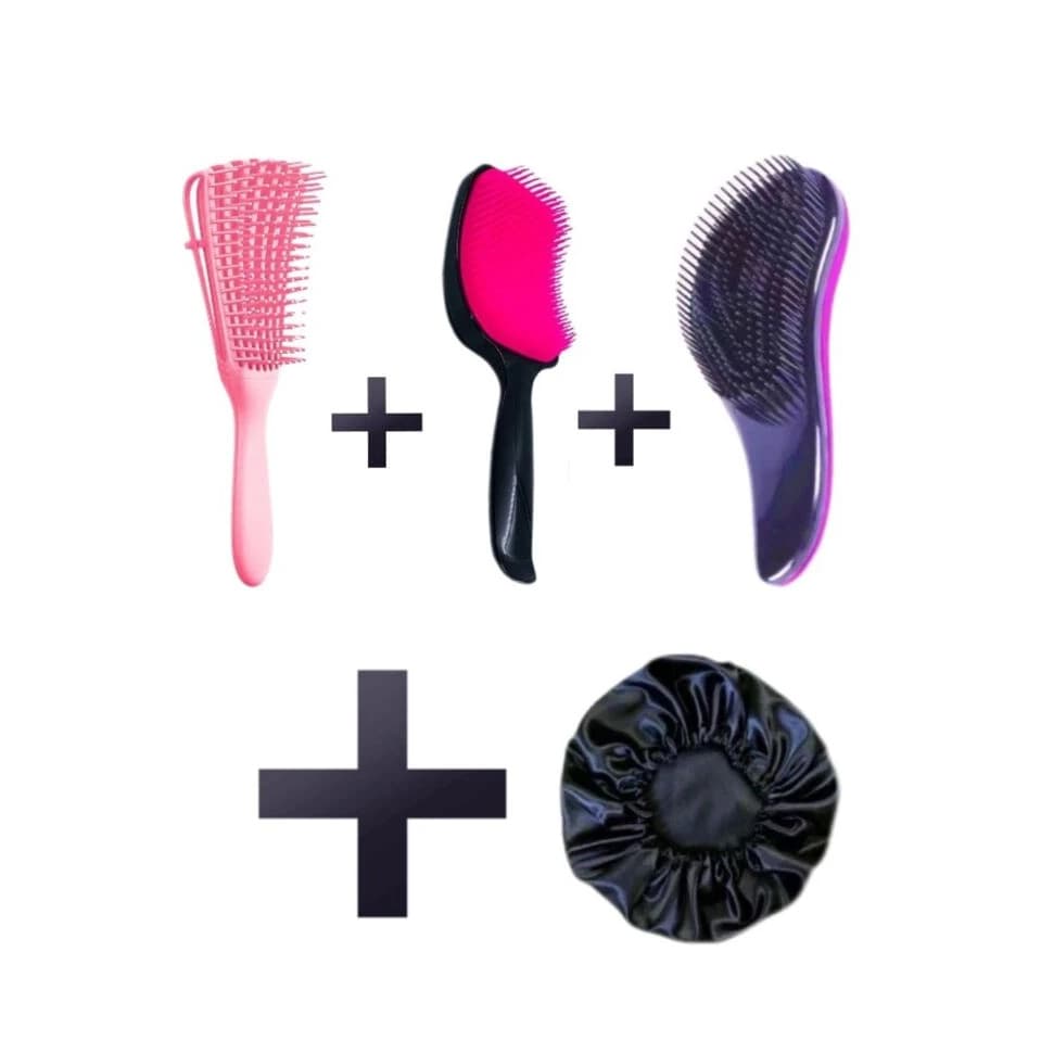Kit 3 Escovas de Cabelo | 1 Escova Polvo | 1 Escova Mágica | 1 Escova Raquete flex| 1 Touca de Cetim