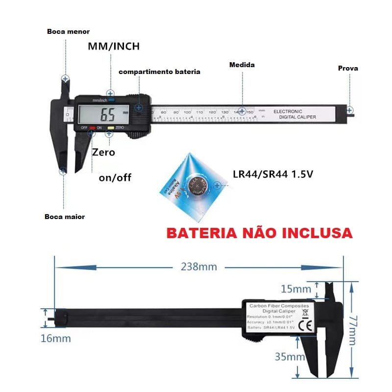 Paquimetro digital 150mm com bateria Precisão