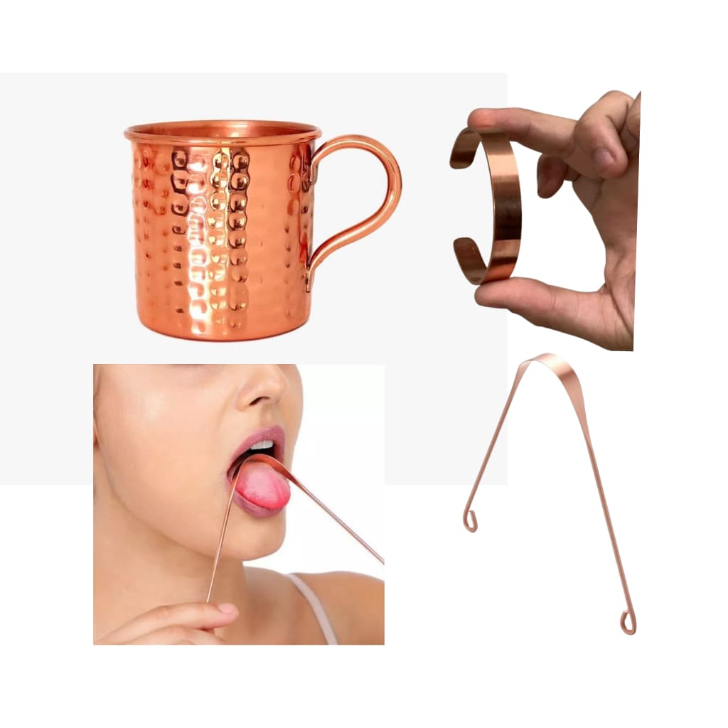 KIT AYURVEDA CANECA + RASPADOR DE LINGUA + PULSEIRA TUDO EM COBRE PURO