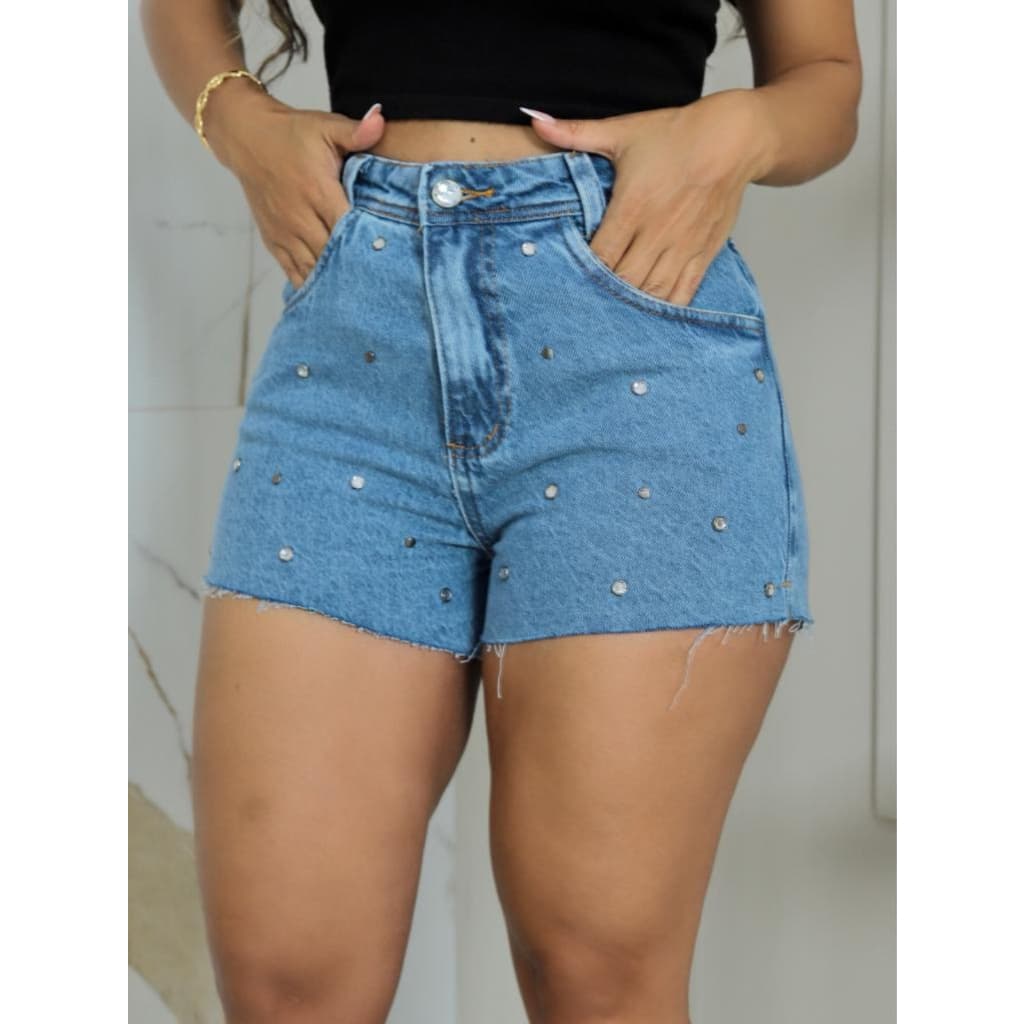 Short Jeans Feminino Brilho Barra Desfiada