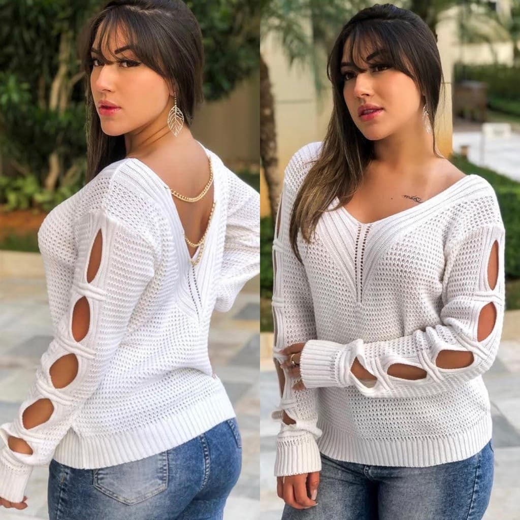 Blusa feminina de frio com detalhes de correntes, blusa manga longa com decotes, suéter feminino com costas nua e corrente, moda outono inverno